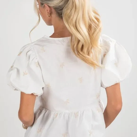 Very J White Puff Sleeve Blouse with Bow Accents - Picture 4 of 7